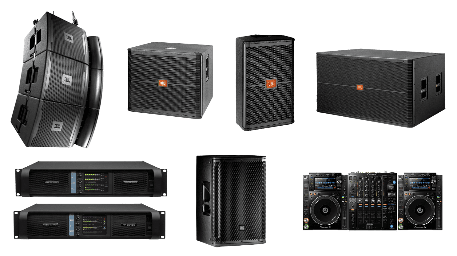 Collage of JBL speakers, amplifiers, and Pioneer DJ equipment on a white background.