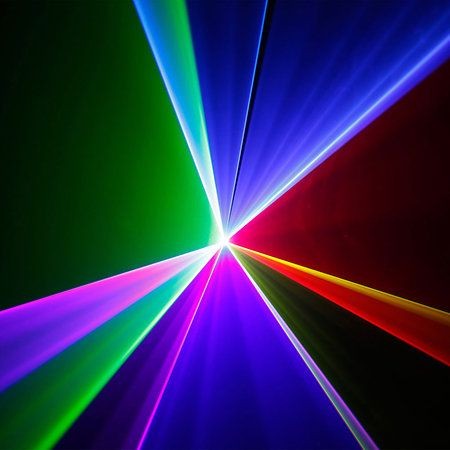 Abstract display of colorful laser beams converging at a central point on a dark background.