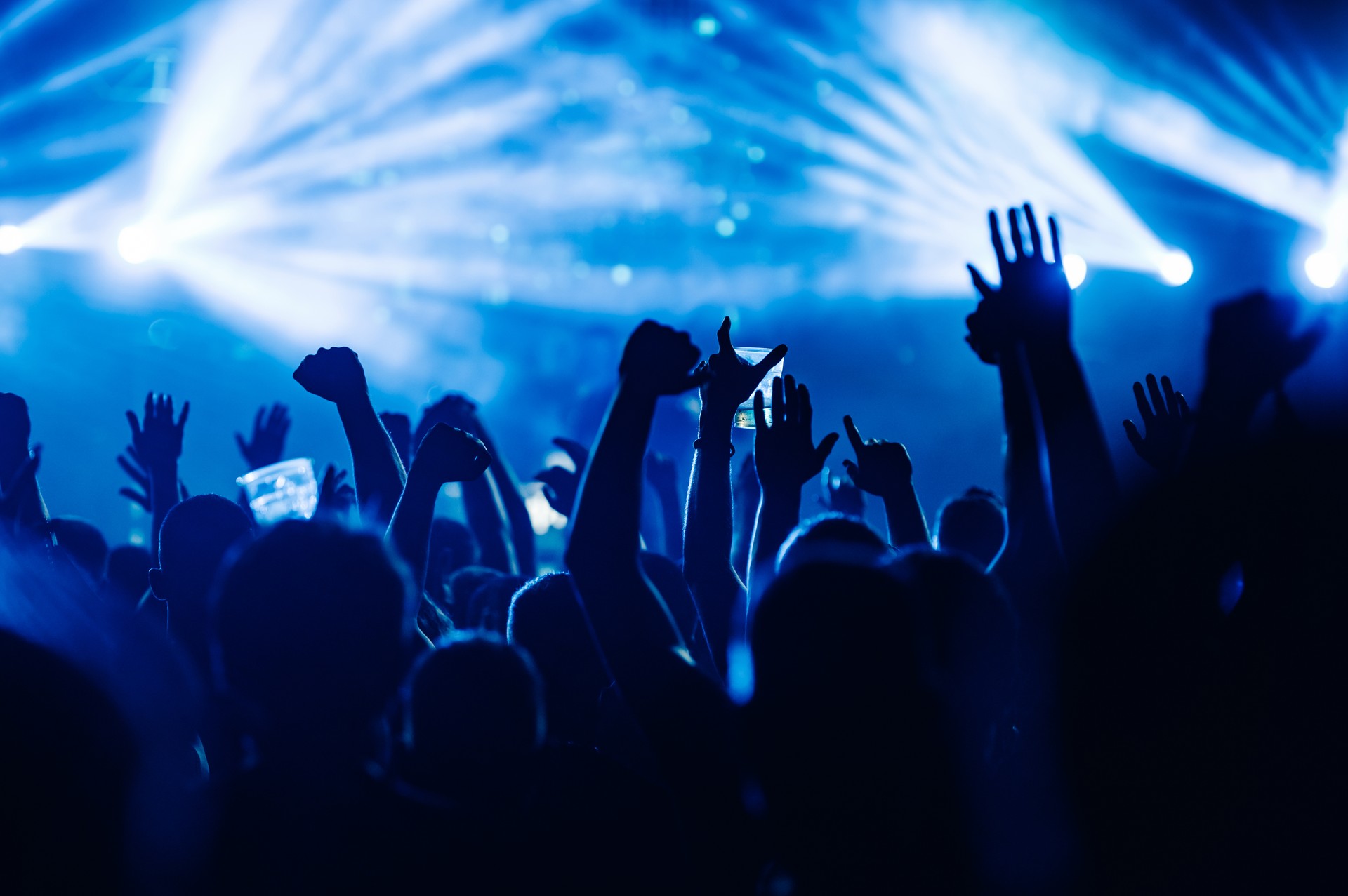 Crowd is rising their hands and dancing on an open air concert.